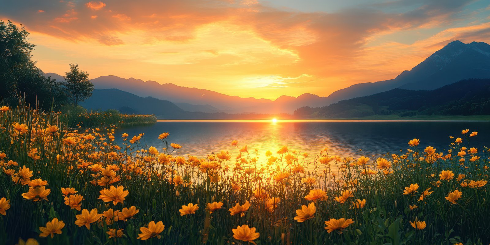 Sunset over a tranquil lake surrounded by blooming flowers in the mountains
